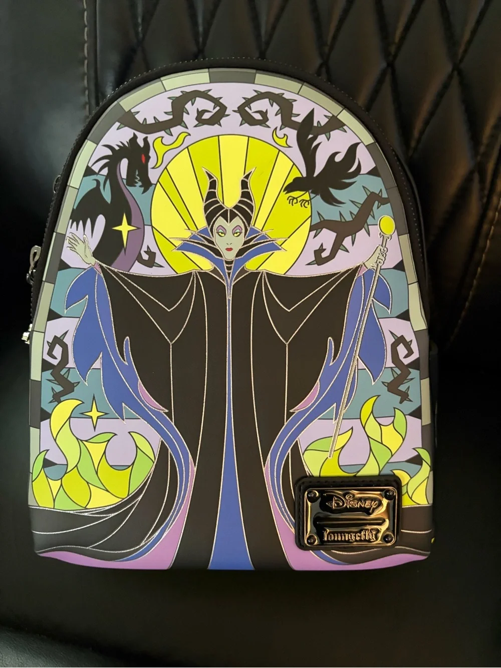 Disney x Loungefly Maleficent Mini Backpack - Black, Purple, Yellow stain glass